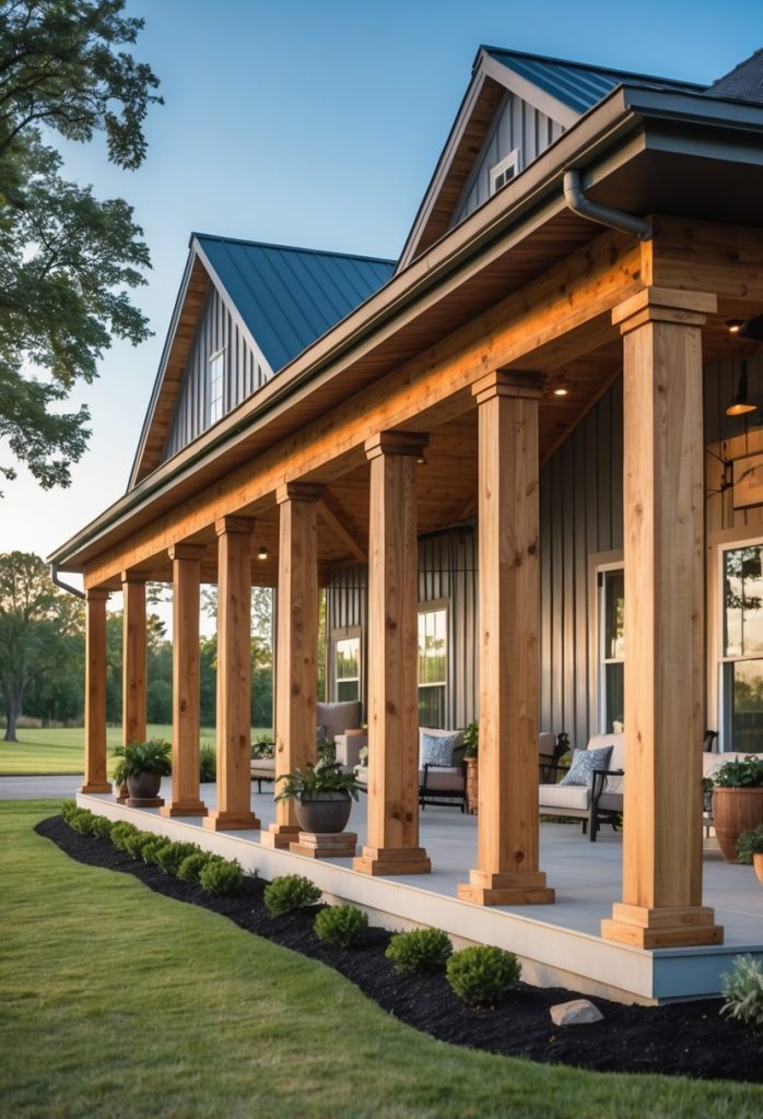A spacious wraparound porch with wooden columns attached to a farmhouse building, surrounded by green lawn and trees under a clear sky.