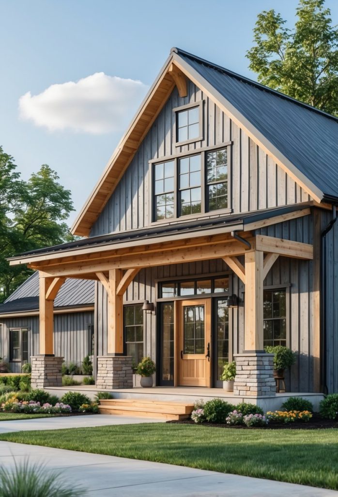 Exterior view of a farmhouse building with gray siding and natural wood accents surrounded by greenery on a clear day.