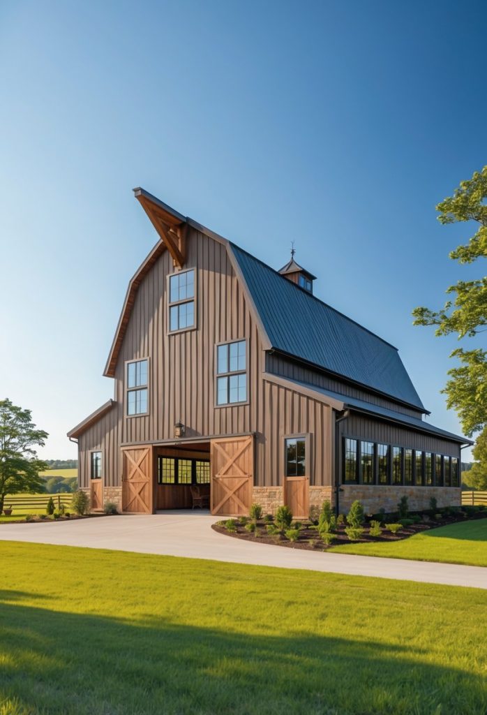 A tall farmhouse barndominium with a steep-pitched roof surrounded by grass and trees under a clear blue sky.