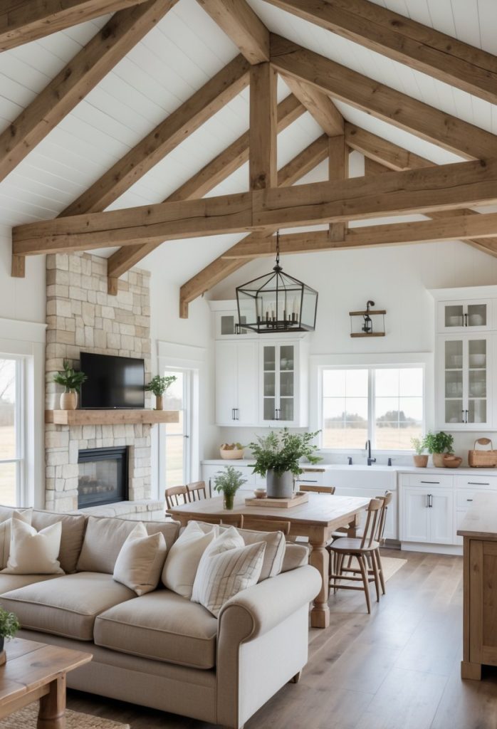 An open living, dining, and kitchen area with wooden beams, a stone fireplace, a dining table, and a kitchen island with bar stools.