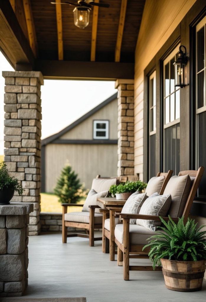 A cozy porch seating area with stone or brick foundation and wooden chairs with cushions.