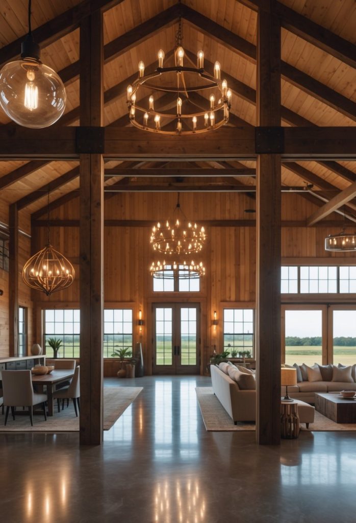 Interior of a spacious barndominium with various lighting fixtures hanging from the ceiling and natural light coming through large windows.
