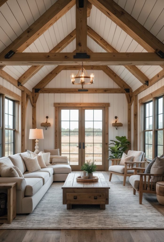 Interior living room with exposed wooden beams on the ceiling, comfortable seating, and natural light coming through large windows.