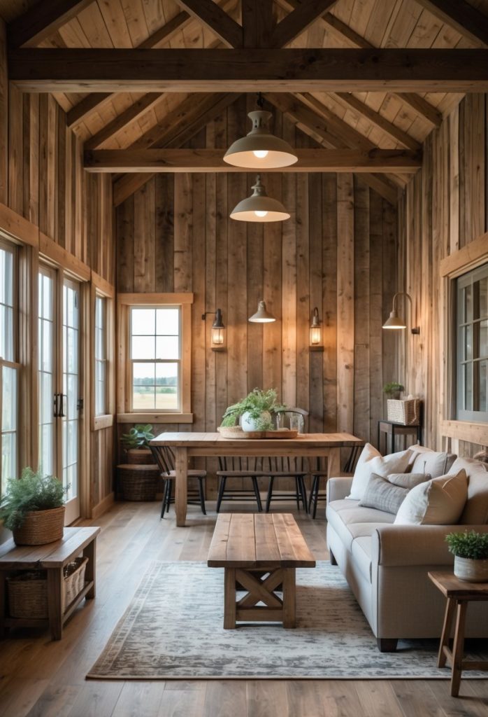 Interior room with walls covered in reclaimed barn wood and rustic farmhouse furniture.