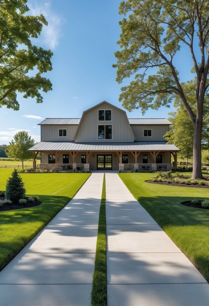 Ribbon driveway leading to a farmhouse-style barndominium surrounded by green lawns and trees under a clear sky.