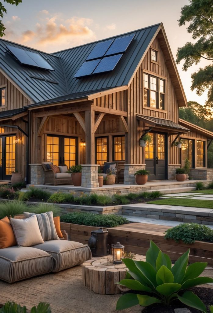 A farmhouse barndominium surrounded by greenery with wooden siding, solar panels on the roof, and an outdoor seating area.