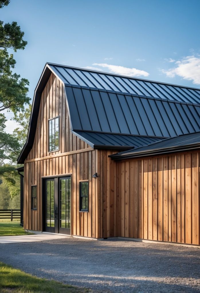 Exterior view of a farmhouse building with metal roofing and vertical wood siding surrounded by greenery under a clear sky.