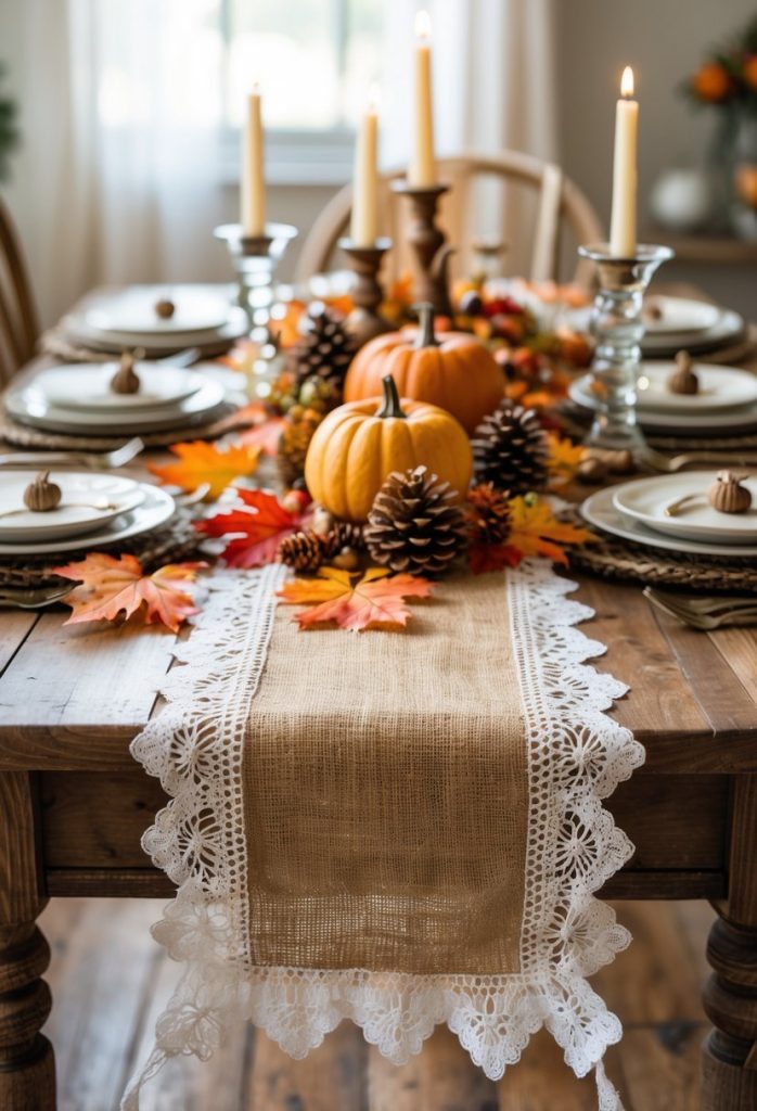A Thanksgiving table set with a burlap table runner trimmed with lace, decorated with pumpkins, fall leaves, pinecones, and candles.