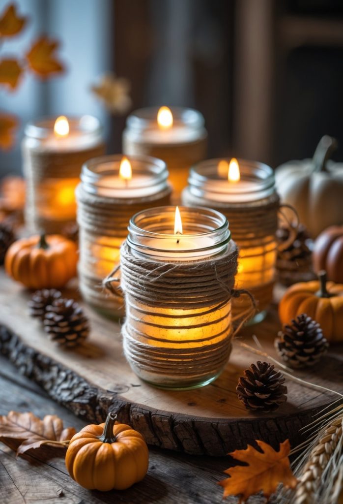 Mason jar candle holders wrapped in twine with lit candles, placed on a wooden table surrounded by autumn decorations like pumpkins and leaves.
