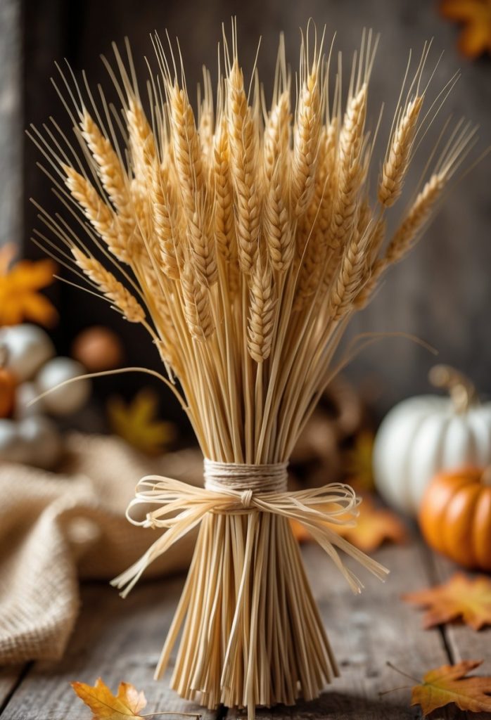 A bundle of dried wheat stalks tied with raffia placed on a wooden surface with autumn decorations in the background.