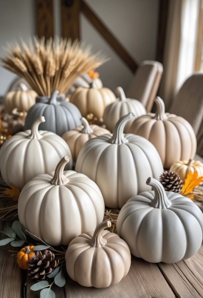 Neutral-toned ceramic pumpkins arranged with autumn decorations on a wooden table.