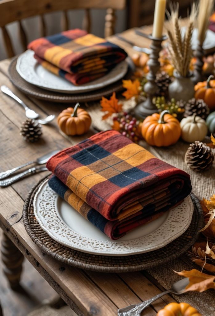 A Thanksgiving table with plaid flannel napkins in autumn colors, surrounded by pumpkins, pine cones, dried leaves, and wheat on a wooden table.