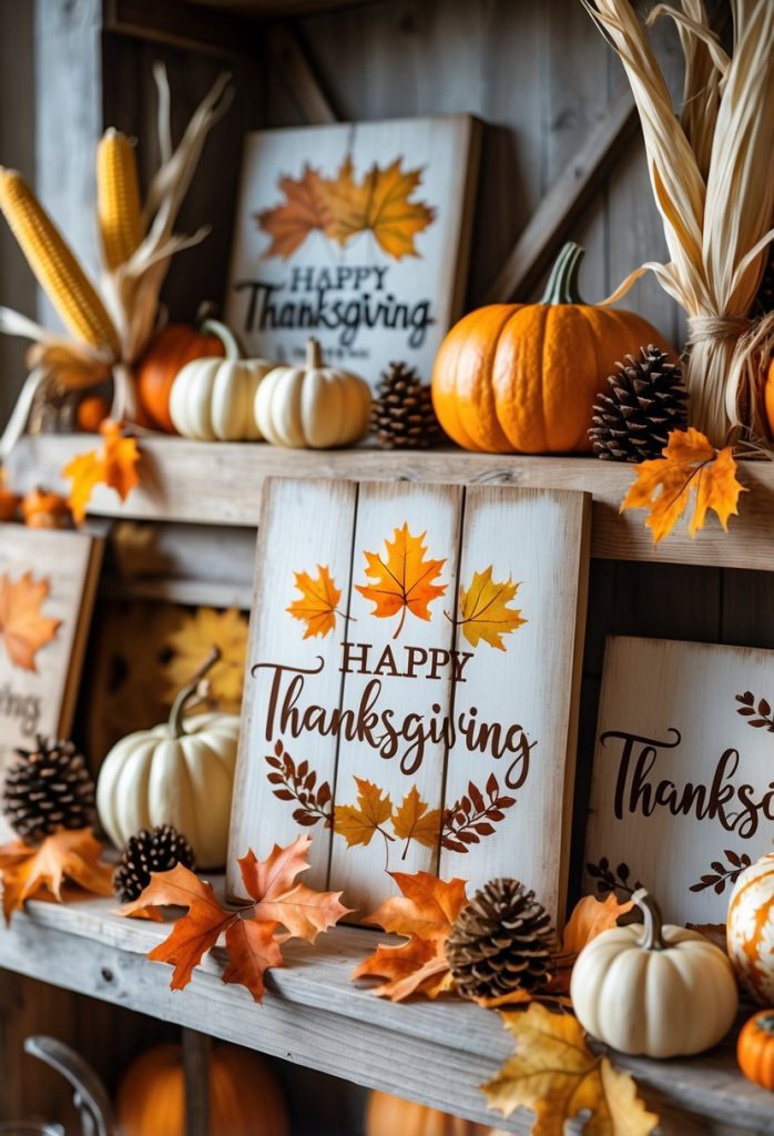 A cozy farmhouse display with hand-painted wooden signs and various Thanksgiving decorations like pumpkins, corn stalks, pine cones, and fall leaves arranged on a wooden surface.