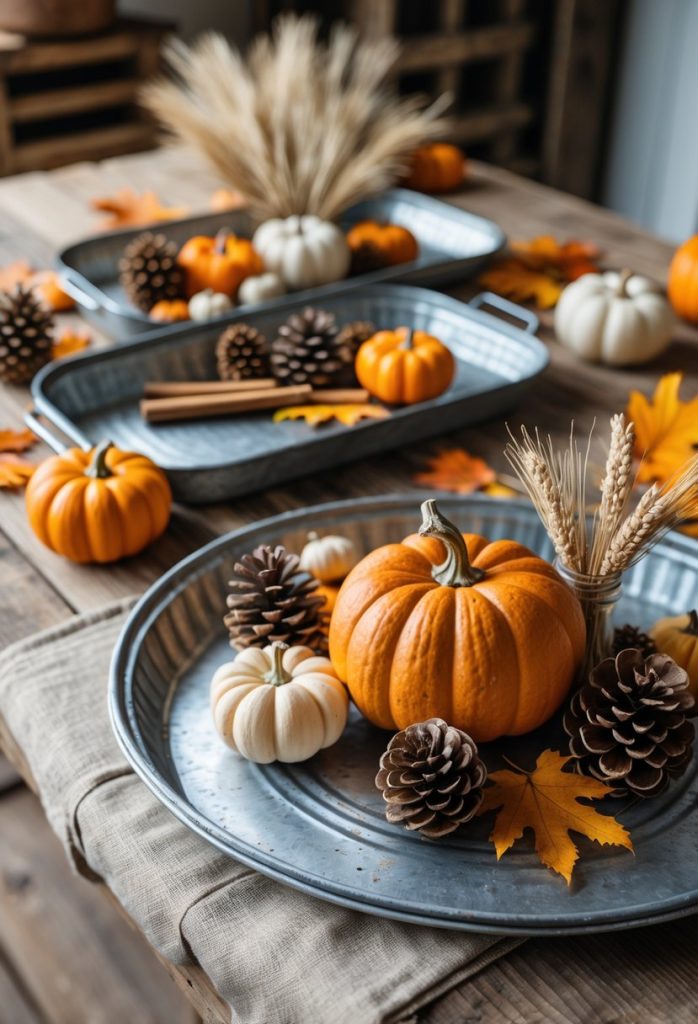 Several vintage metal trays on a wooden table decorated with pumpkins, autumn leaves, pinecones, and cinnamon sticks for Thanksgiving.