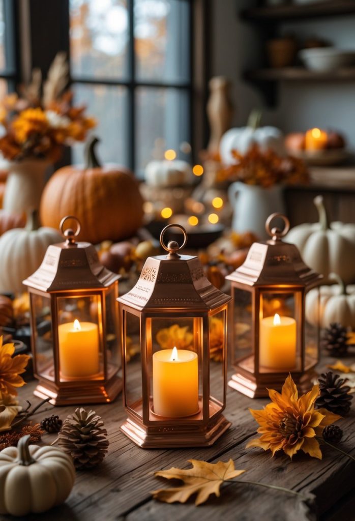 Copper lanterns with glowing LED candles on a wooden table surrounded by autumn decorations including pumpkins and dried leaves.