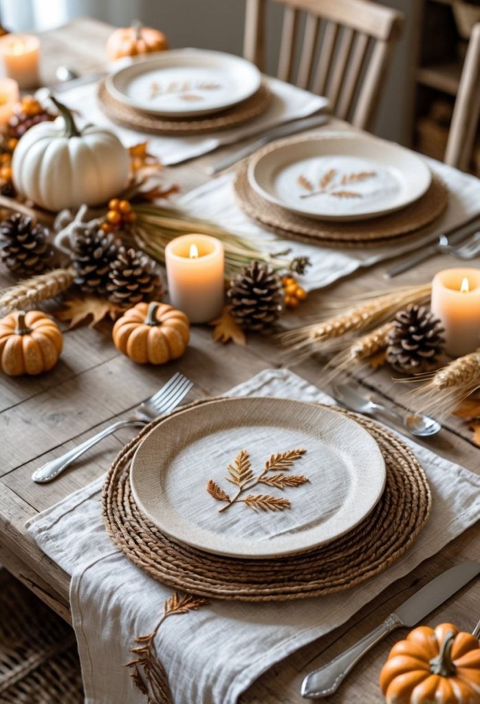 A Thanksgiving table with natural linen placemats embroidered with leaves, surrounded by autumn decorations such as pumpkins, pinecones, and candles on a wooden surface.