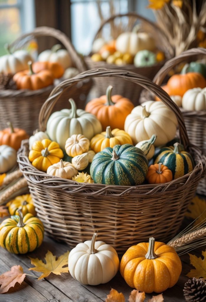 Wicker baskets filled with various seasonal gourds and autumn decorations on a wooden surface.