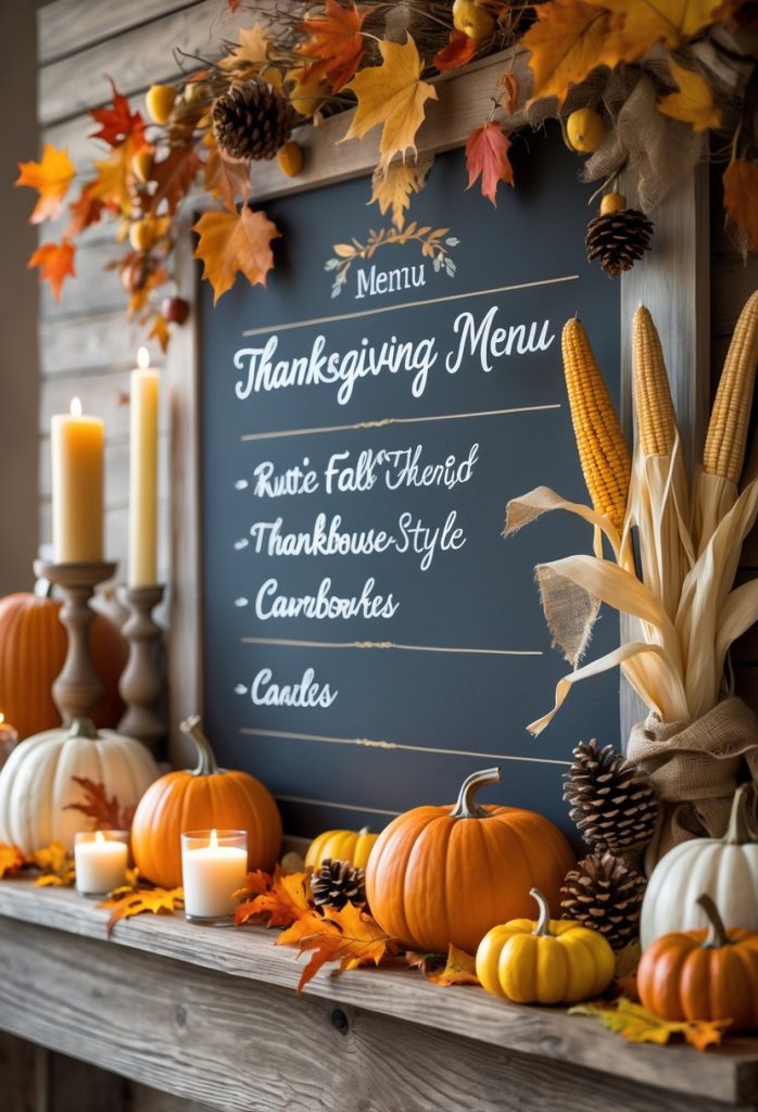 A fall-themed chalkboard surrounded by pumpkins, autumn leaves, candles, and farmhouse Thanksgiving decorations on a wooden surface.