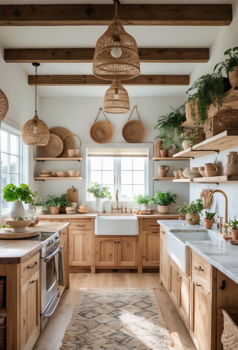 A bright and spacious kitchen with wooden cabinetry, a large island, hanging lights, plants, and various kitchenware.