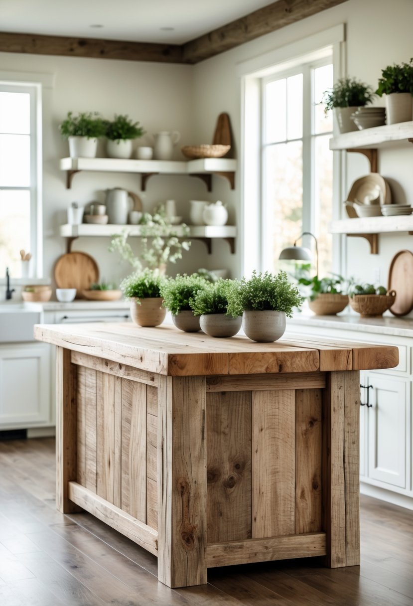A rustic wooden centerpiece on a kitchen island in a bright farmhouse kitchen with white cabinets and natural light.