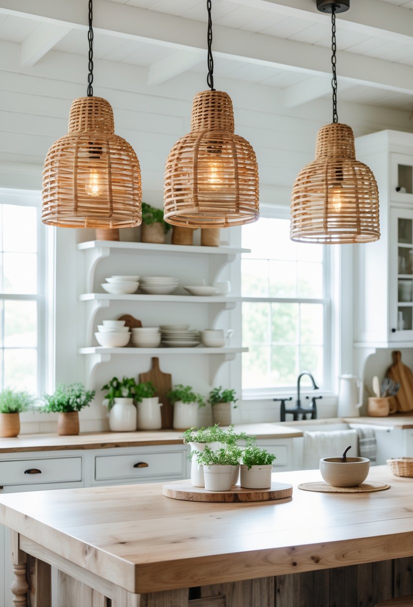 A kitchen with wooden countertops and three woven pendant lights hanging above a central island.