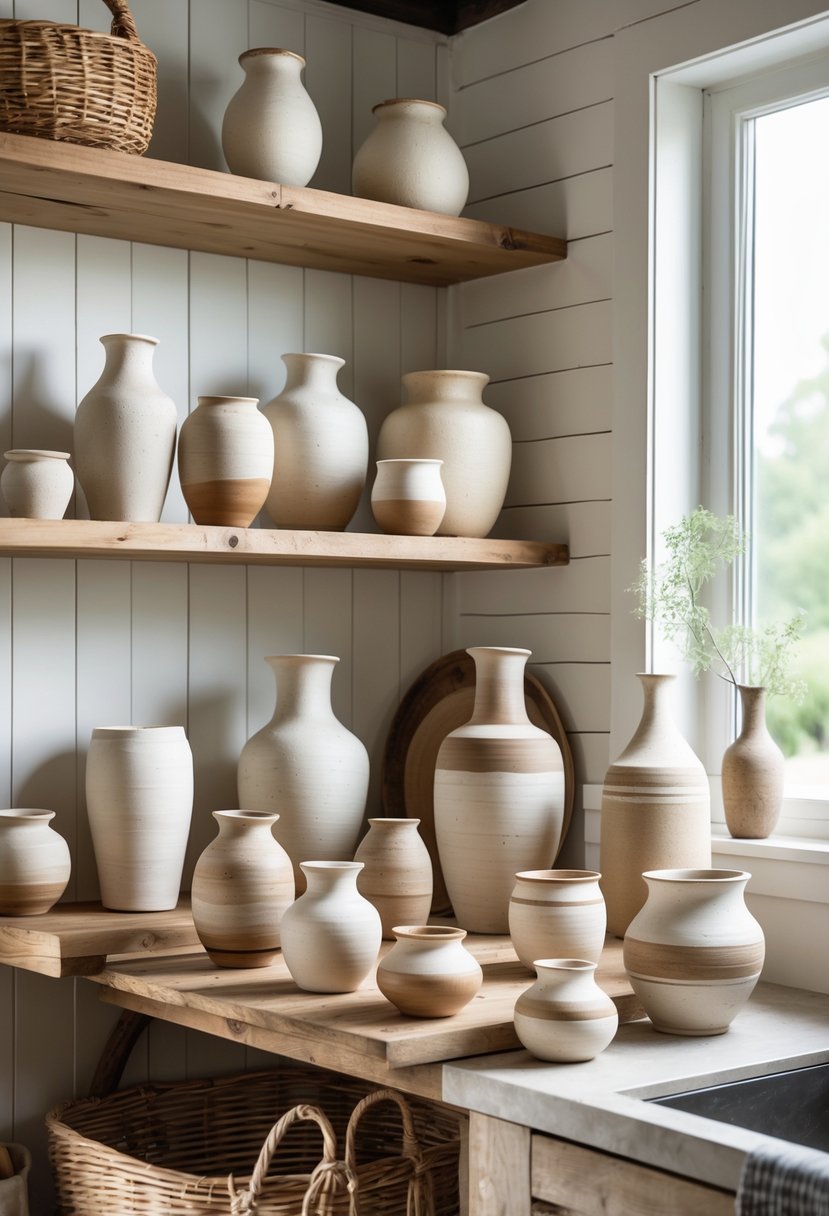 A kitchen scene with 15 ceramic pottery pieces and vases displayed on wooden shelves and countertops.
