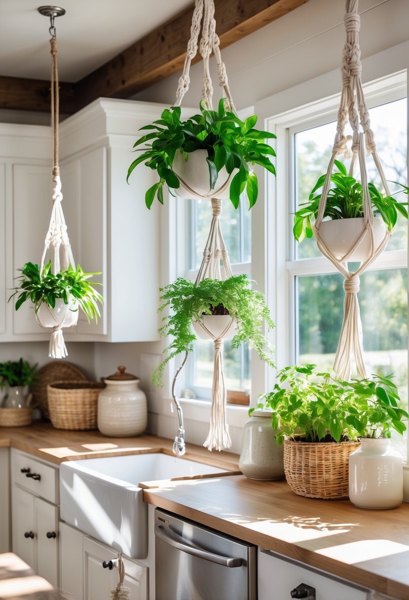 A kitchen with several hanging macramé plant holders containing green plants, white cabinets, and wooden countertops.
