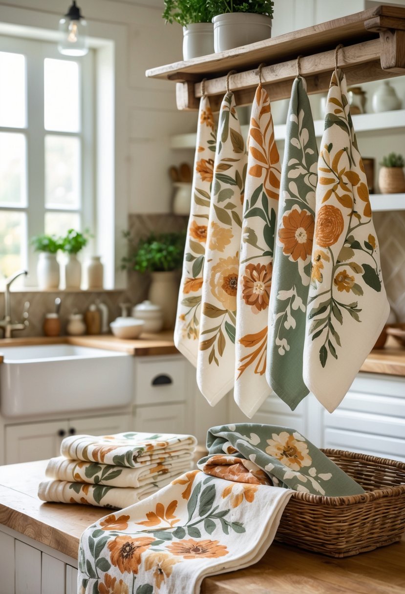 A set of floral kitchen towels displayed in a bright kitchen with wooden countertops and natural light.