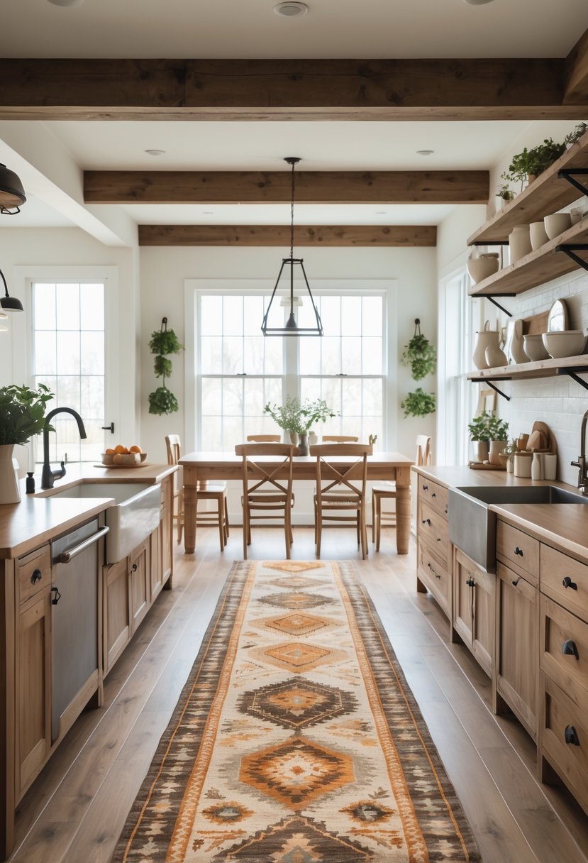 A kitchen with a long earthy-toned runner rug on the floor, wooden cabinets, a farmhouse sink, and a wooden dining table under natural light.
