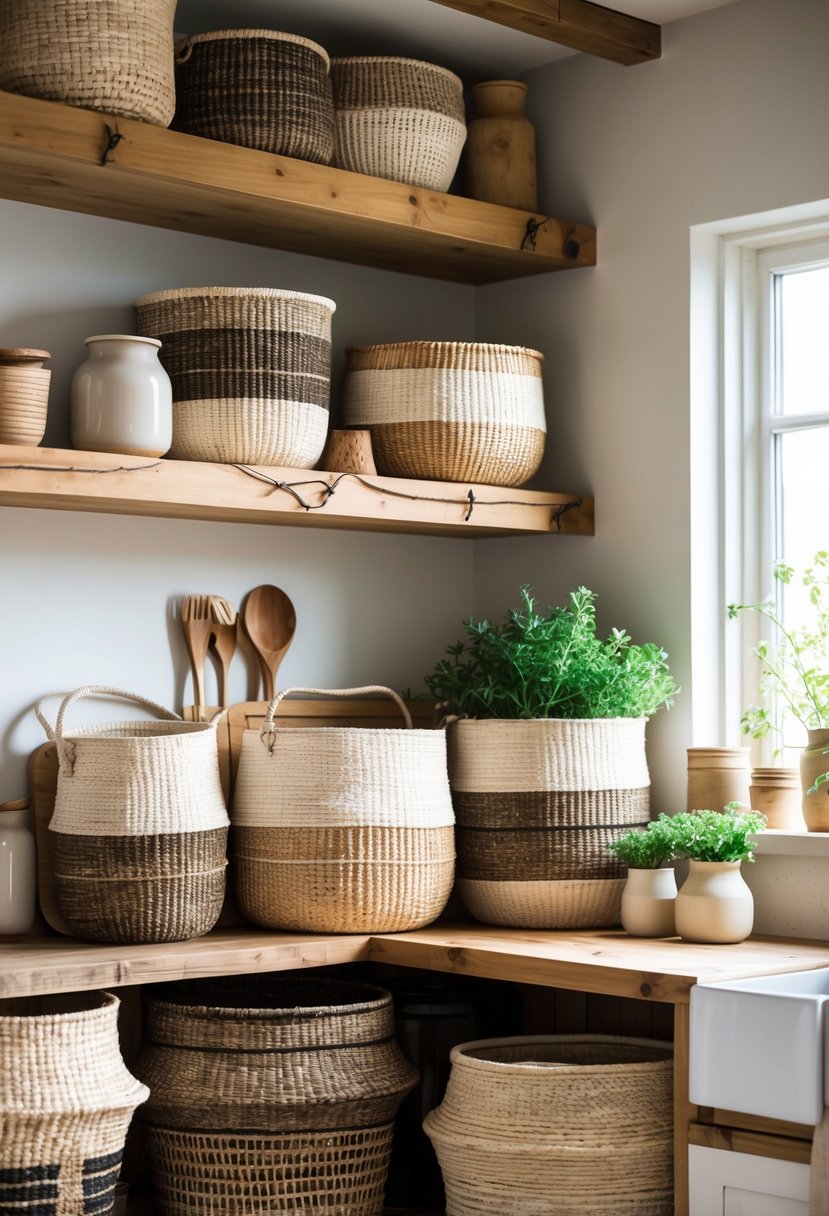 A collection of woven baskets arranged on wooden shelves and a countertop in a kitchen.