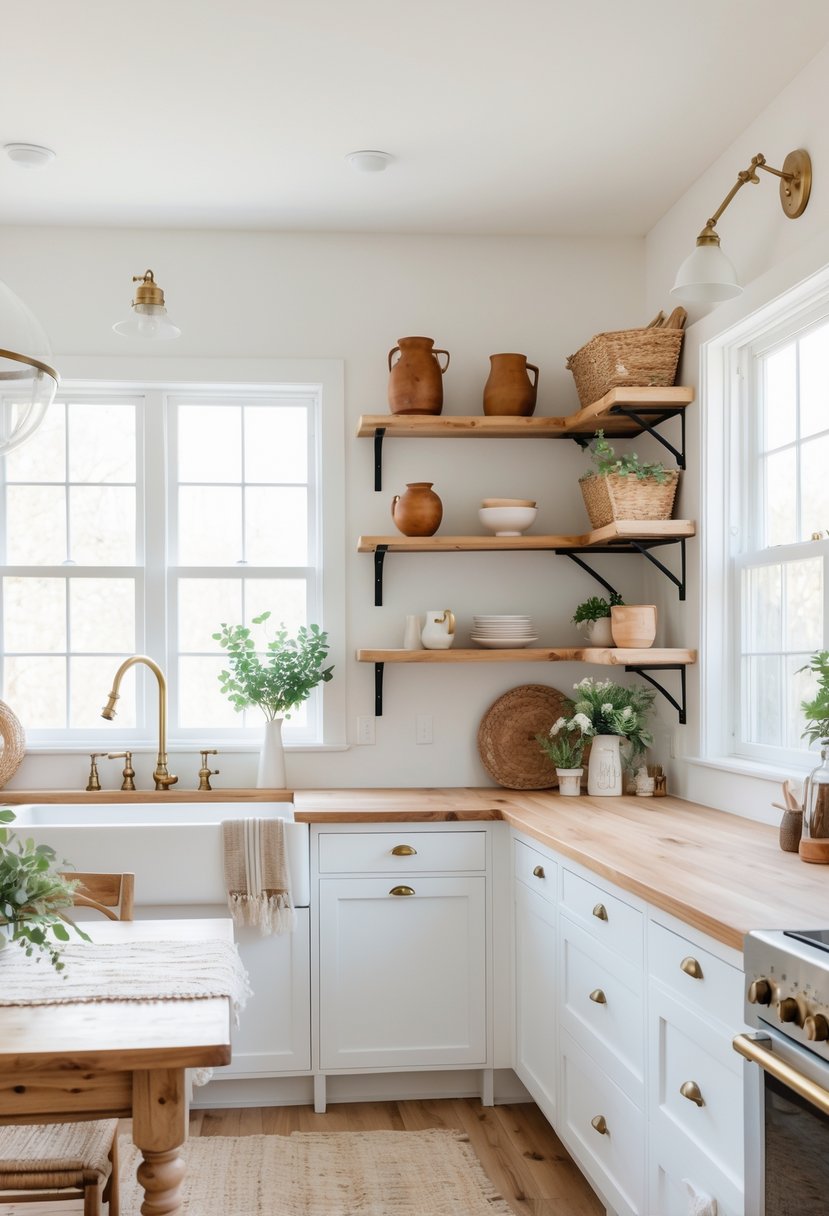 A bright kitchen with white cabinets, wooden countertops, a farmhouse sink, and a wooden dining table with plants.