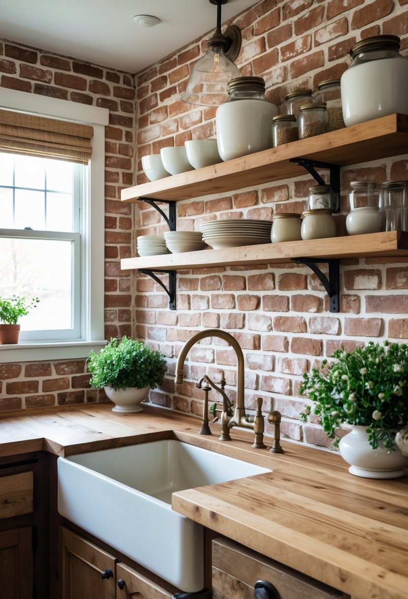 A kitchen with a brick or whitewashed brick backsplash, wooden countertops, open shelves, and potted plants.