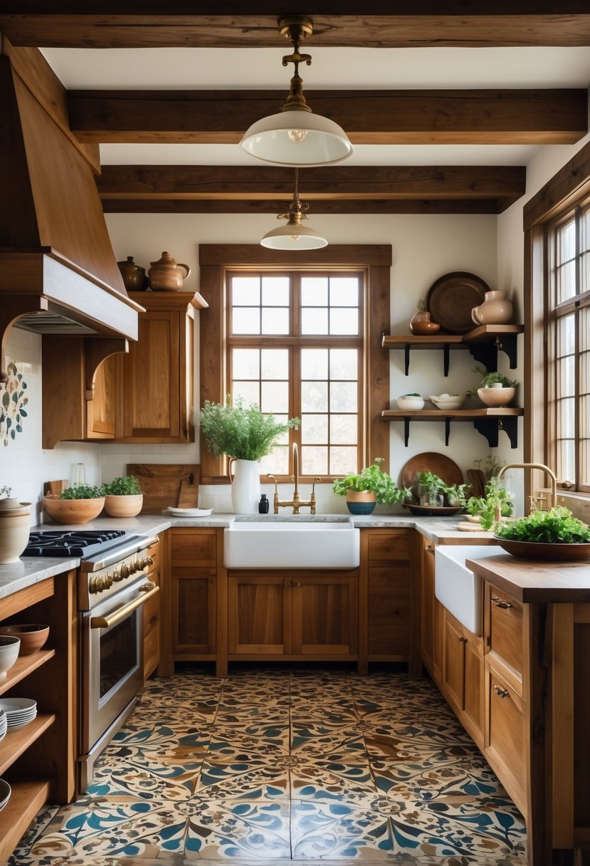 A farmhouse kitchen with a patterned tile floor, wooden cabinets, and a wooden island under natural light.