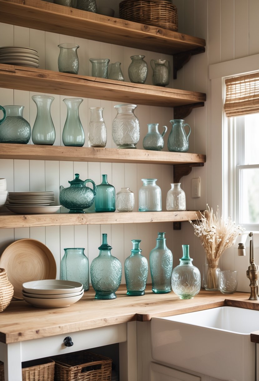 A collection of vintage glassware displayed on wooden shelves in a farmhouse kitchen with natural lighting.