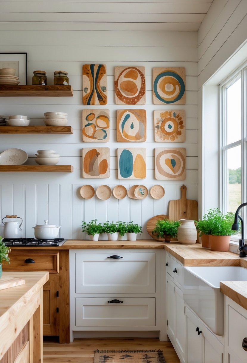 Bright farmhouse kitchen with wooden cabinets, white walls, open shelves, and colorful hand-painted wall art above the countertop.