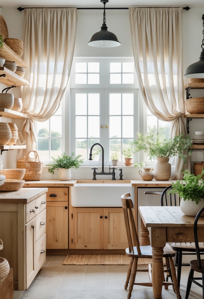 A bright farmhouse kitchen with neutral linen curtains over large windows, wooden cabinetry, a dining table, and potted plants.