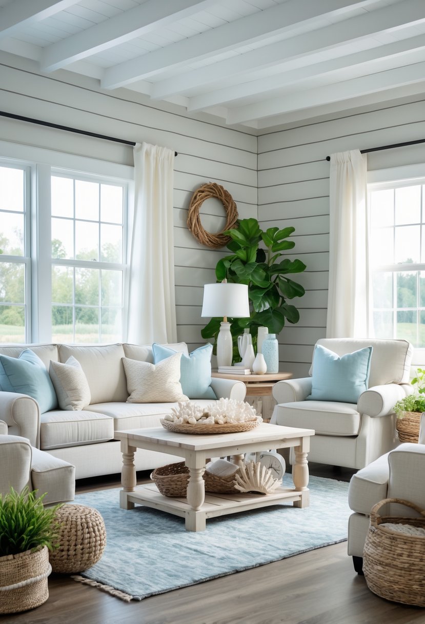 A bright living room with white and gray walls, comfortable seating, wooden floor, and natural light coming through large windows.