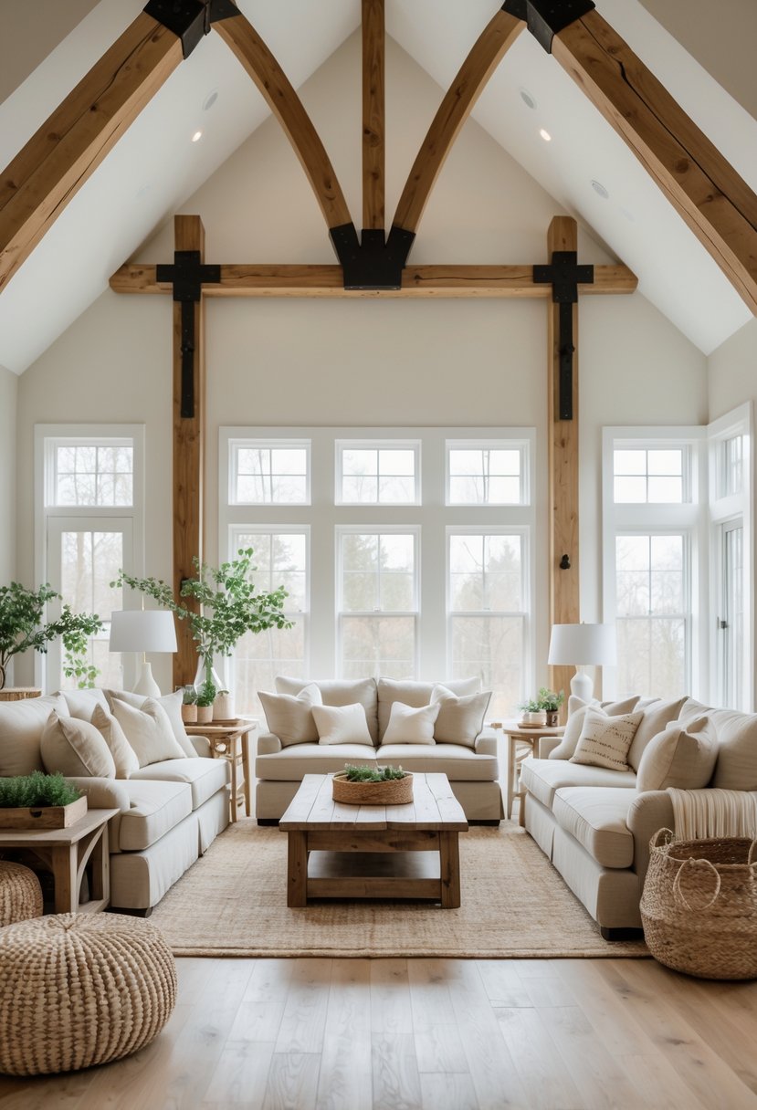 A bright living room with wooden beams, comfortable seating, and natural light coming through large windows.