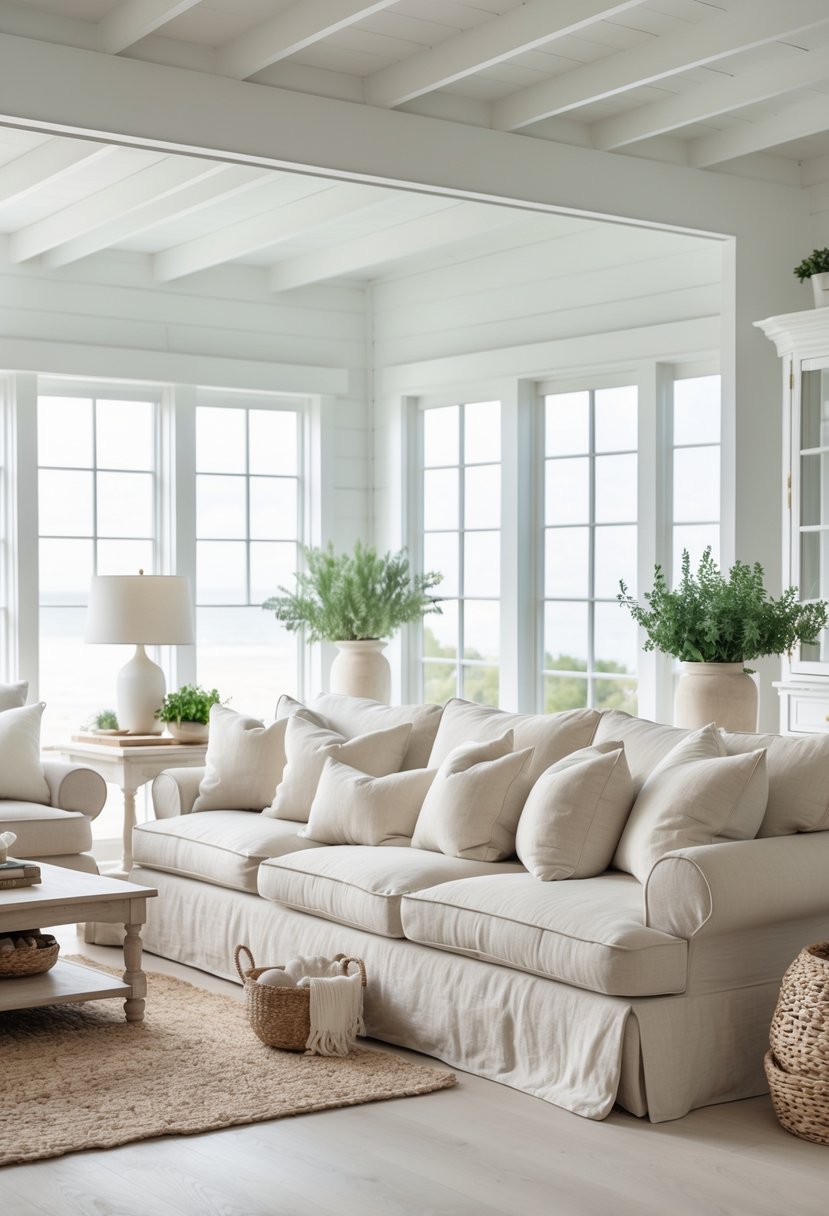 A spacious living room with a large neutral-colored linen sofa, wooden floor, and natural light coming through windows, decorated with plants and simple furniture.