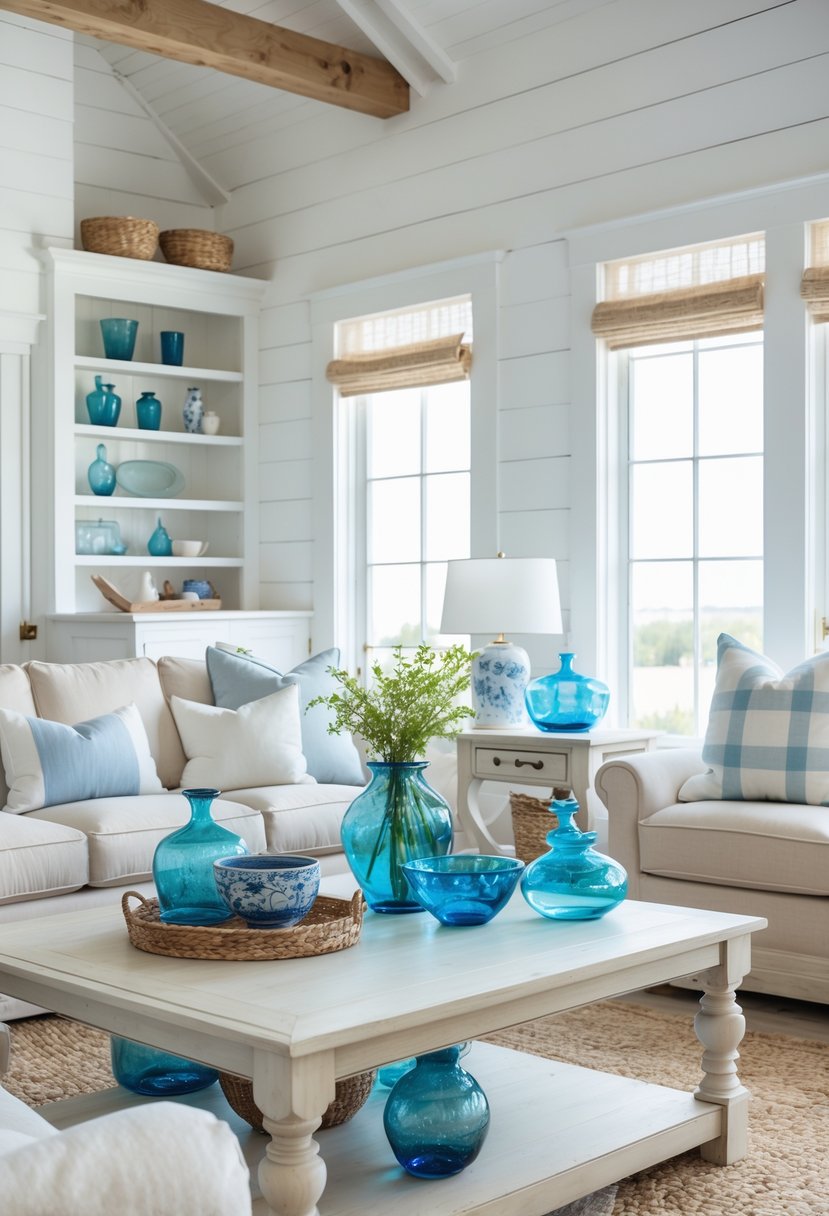 A bright living room with blue glass decor pieces, neutral furniture, wooden accents, and large windows letting in natural light.