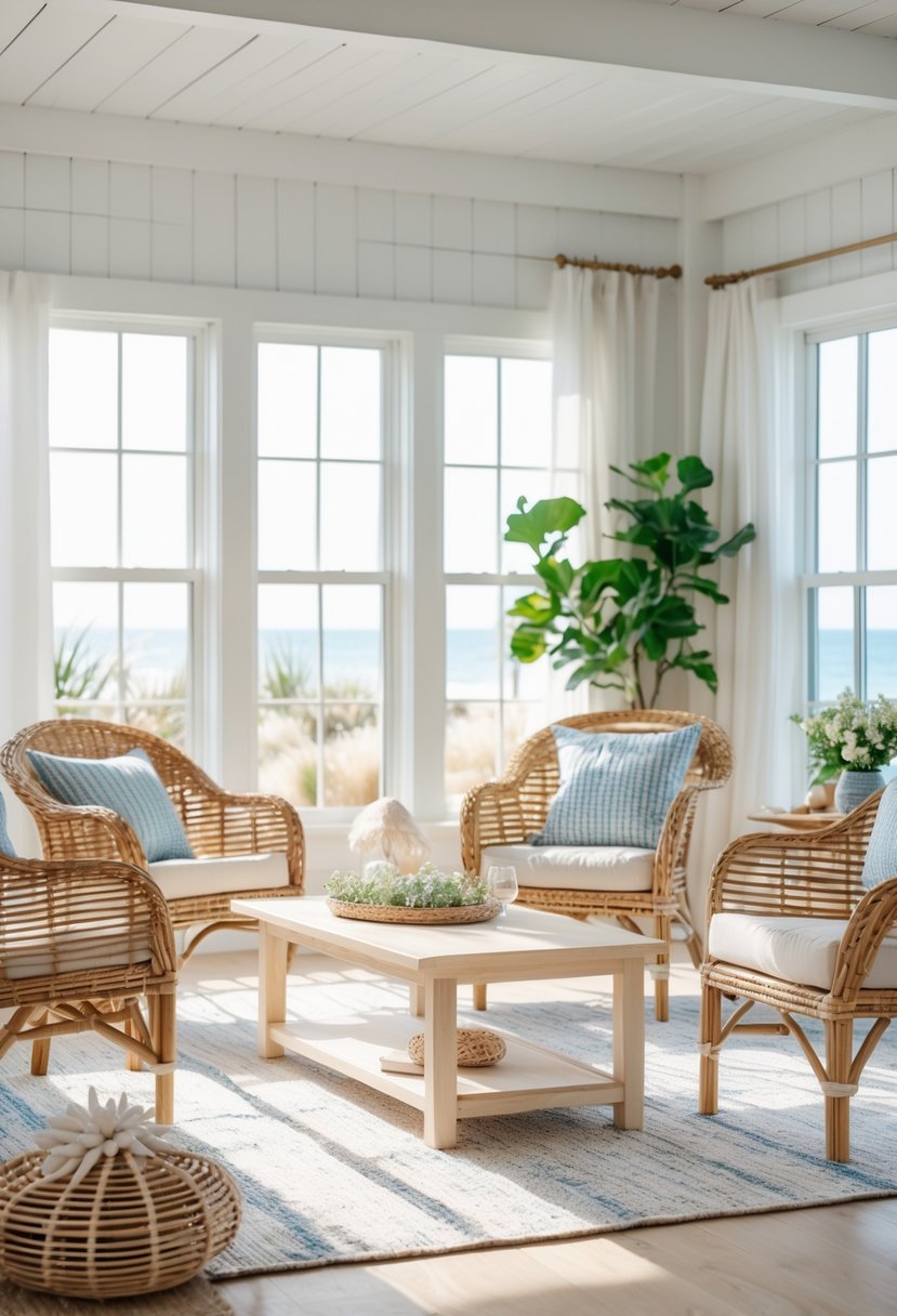 A bright living room with wicker and rattan chairs, a wooden coffee table, and natural light coming through large windows.