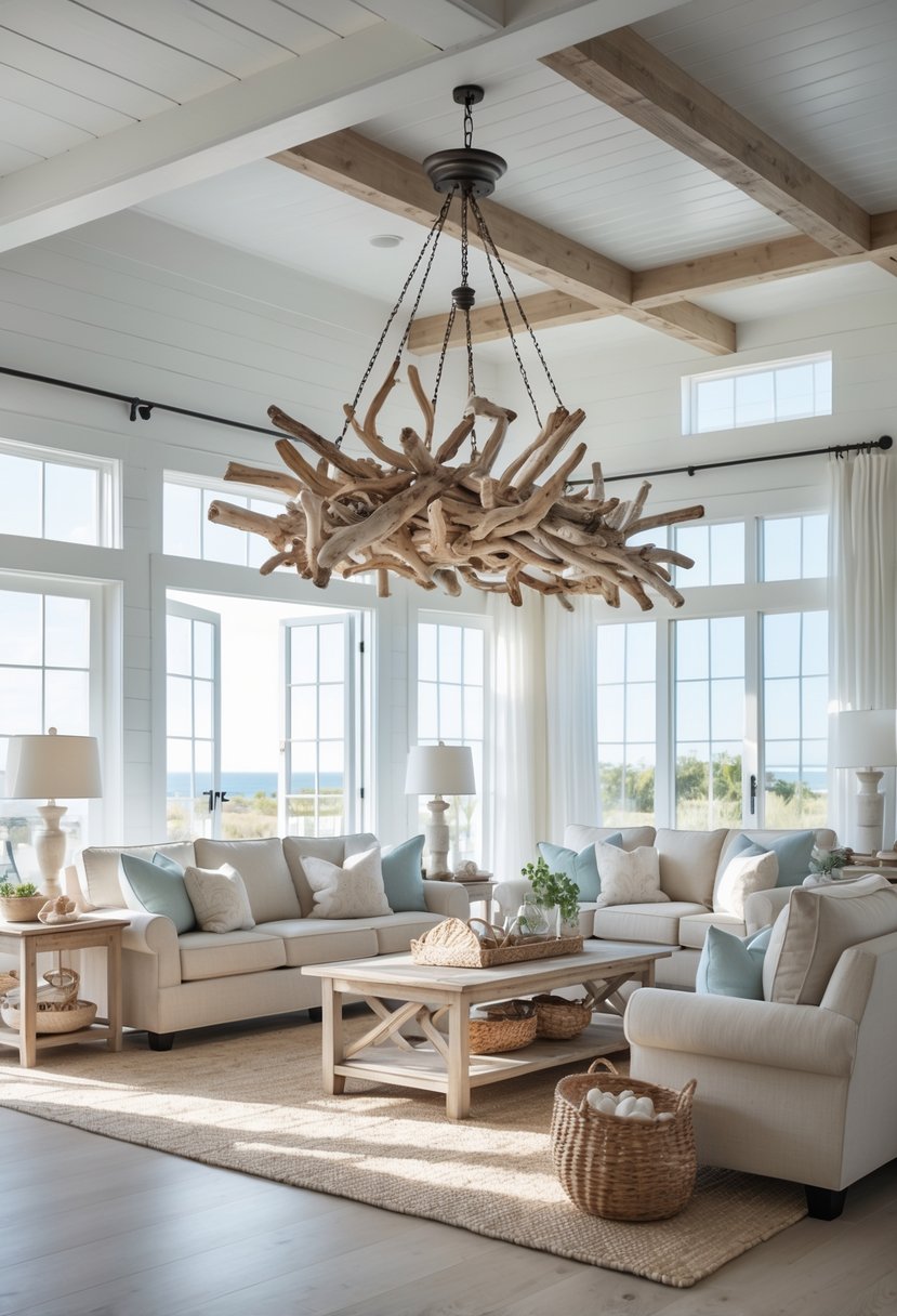A bright living room with a large driftwood and metal chandelier hanging above comfortable sofas and a wooden coffee table.