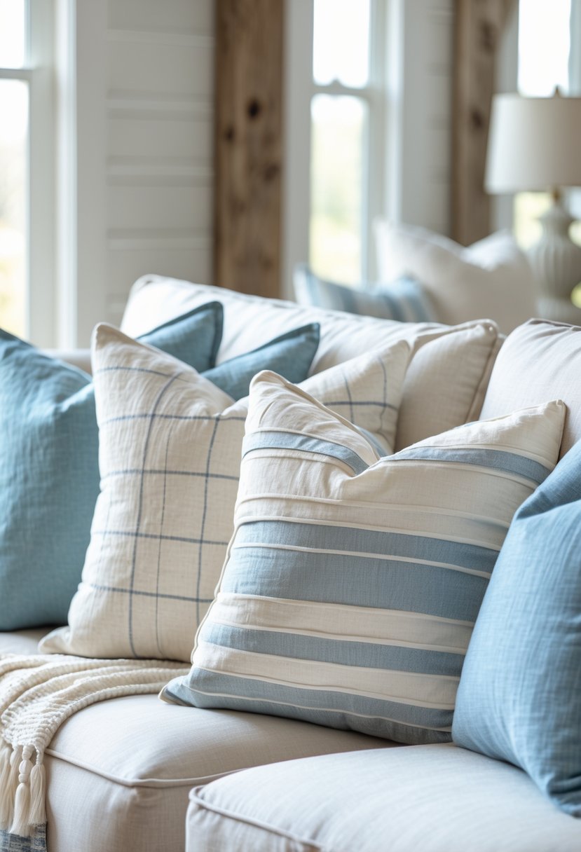 A living room with soft throw pillows in blue, cream, and sand colors arranged on a sofa.