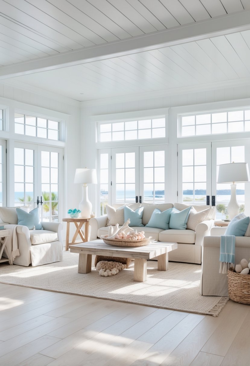 A bright living room with light hardwood floors, comfortable seating, and large windows letting in natural light.