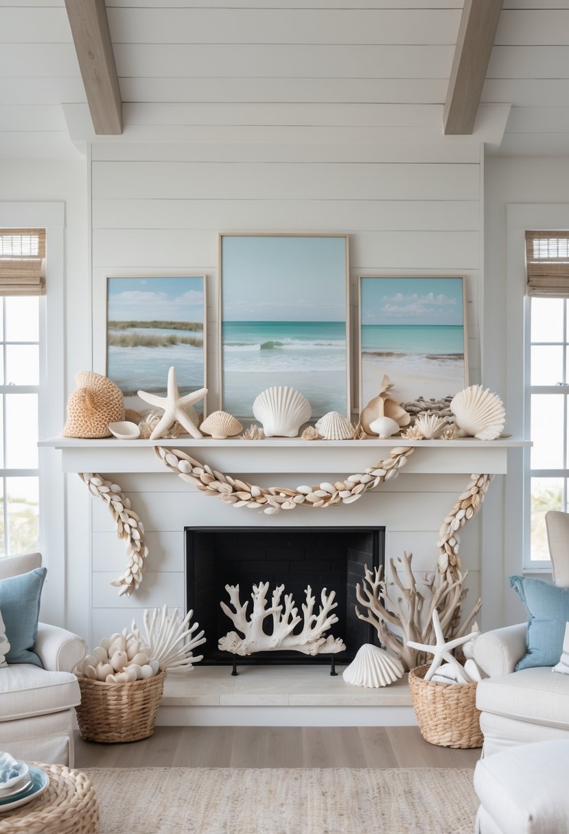 A living room with a fireplace mantle decorated with seashells and coastal art.