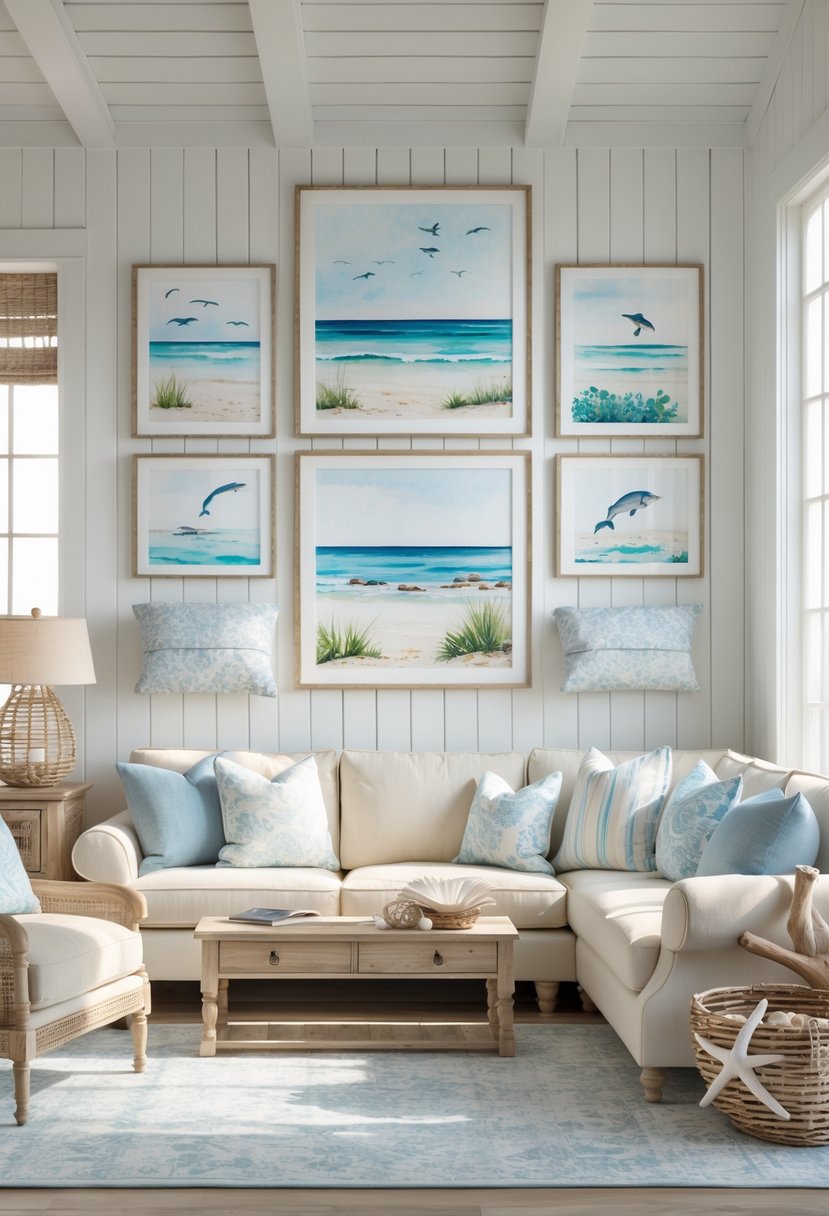 A coastal farmhouse living room with beach-themed artwork on the walls, a sofa, and natural light coming through large windows.
