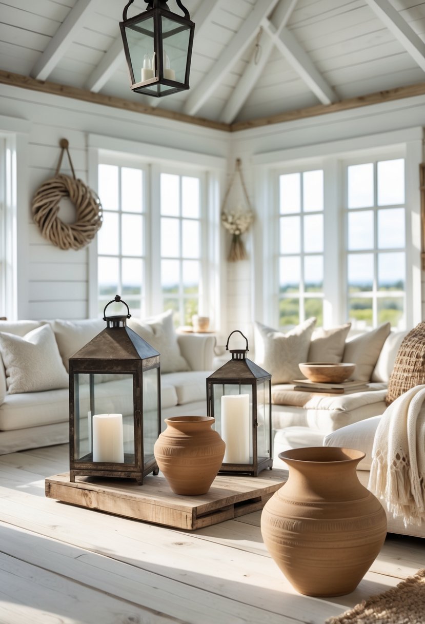 A bright living room with wooden floors, iron lanterns, pottery decorations, comfortable seating, and natural light from large windows.