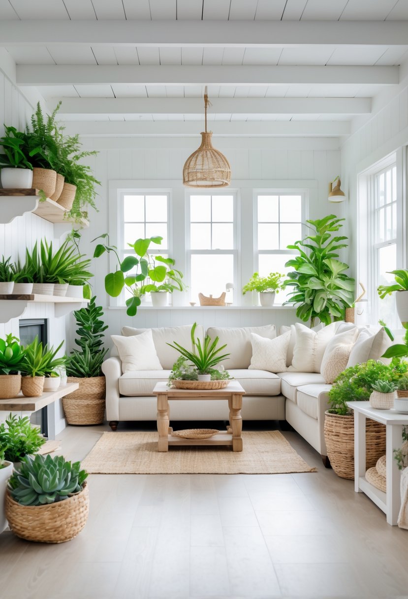 A bright living room with potted plants and succulents placed around seating areas and windows, filled with natural light.