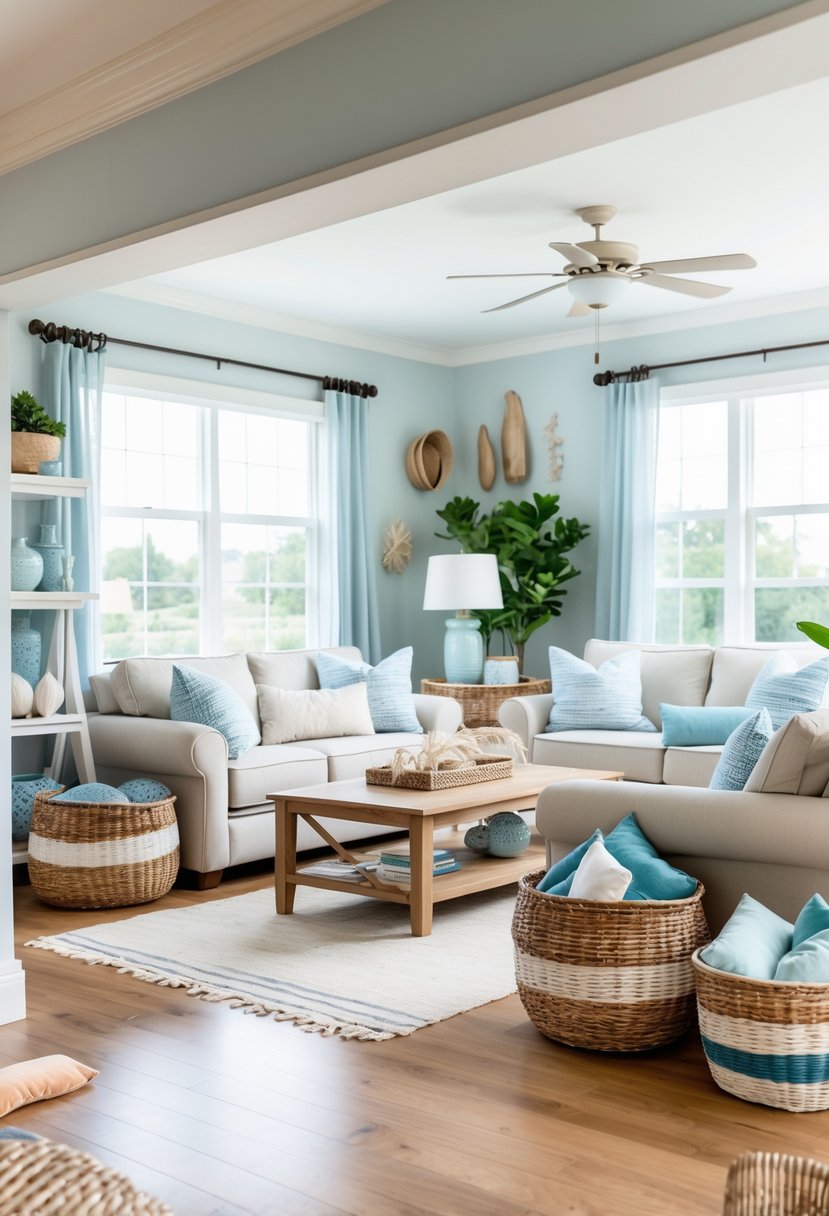 Living room with woven baskets used for storage, comfortable seating, wooden furniture, plants, and natural light.
