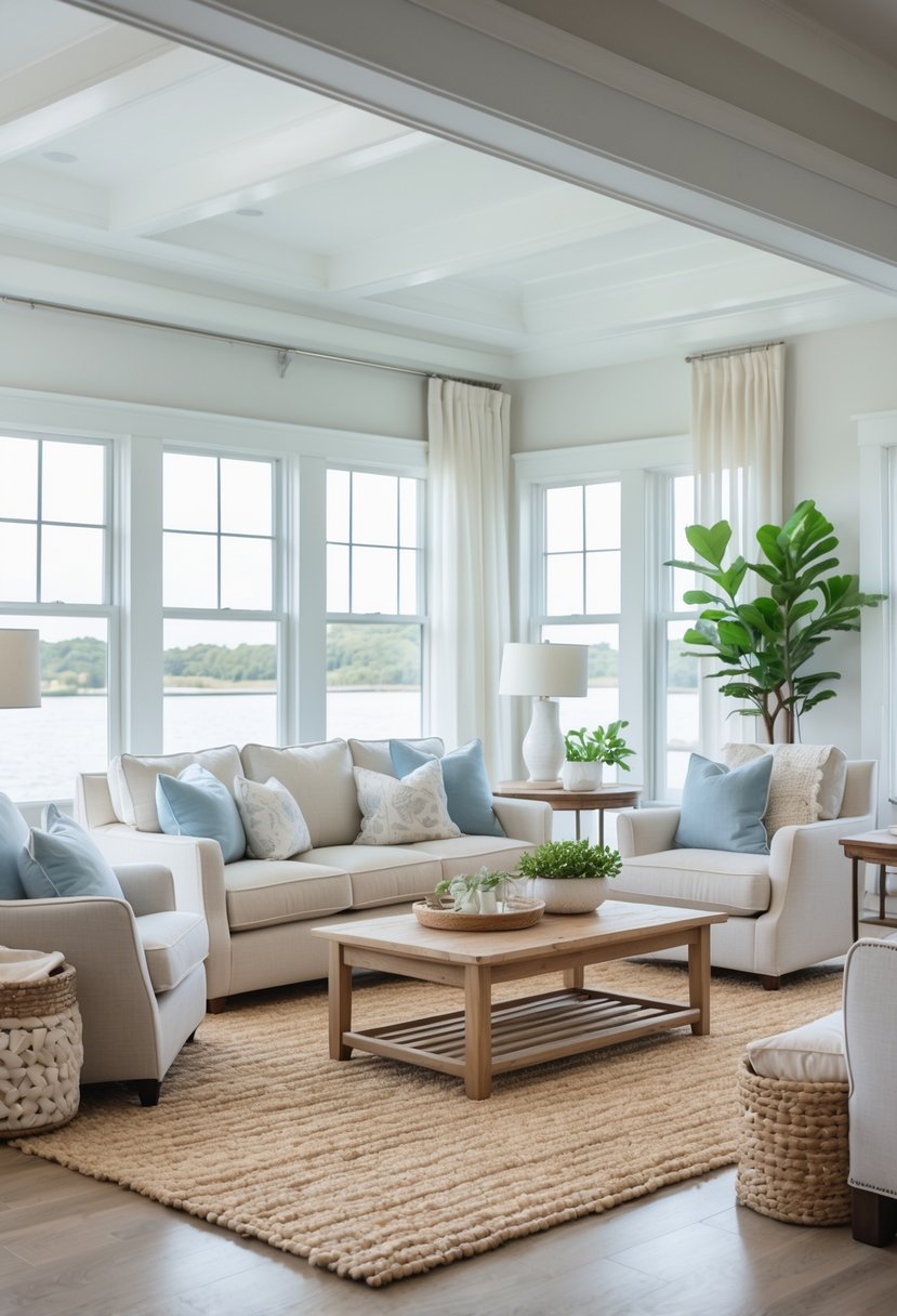 A living room with a large natural fiber rug under the seating area, including a sofa, armchairs, coffee table, and natural light coming through windows.